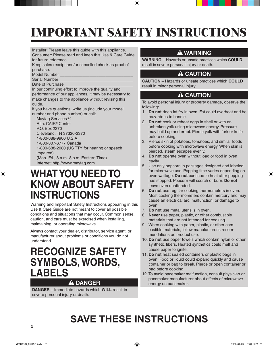 Important safety instructions, What you need to know about safety instructions, Recognize safety symbols, words, labels | Save these instructions | Maytag MMV4205BAS User Manual | Page 2 / 84