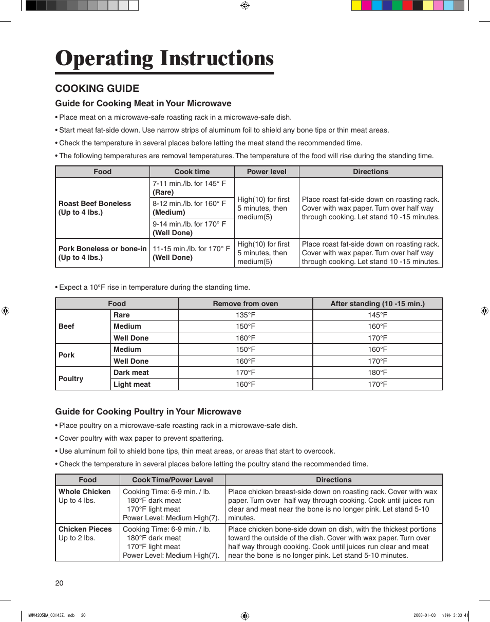 Operating instructions, Cooking guide | Maytag MMV4205BAS User Manual | Page 20 / 84