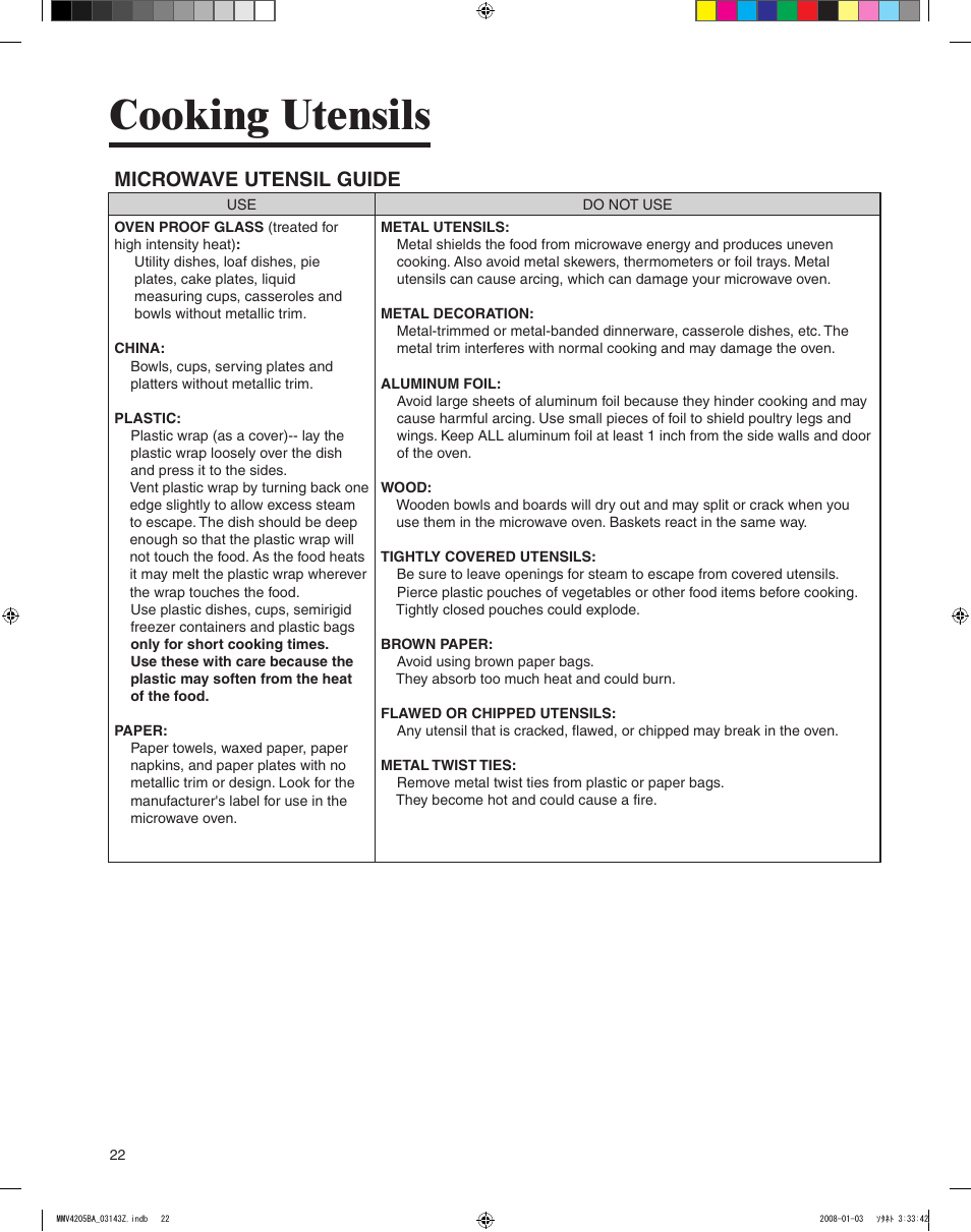 Cooking utensils, Microwave utensil guide | Maytag MMV4205BAS User Manual | Page 22 / 84