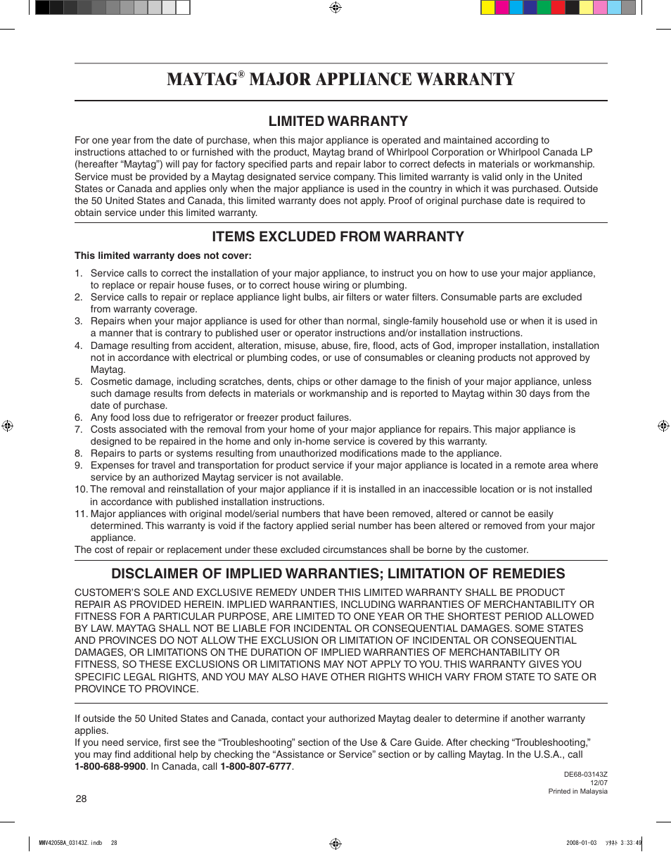 Maytag, Major appliance warranty, Limited warranty | Items excluded from warranty | Maytag MMV4205BAS User Manual | Page 28 / 84