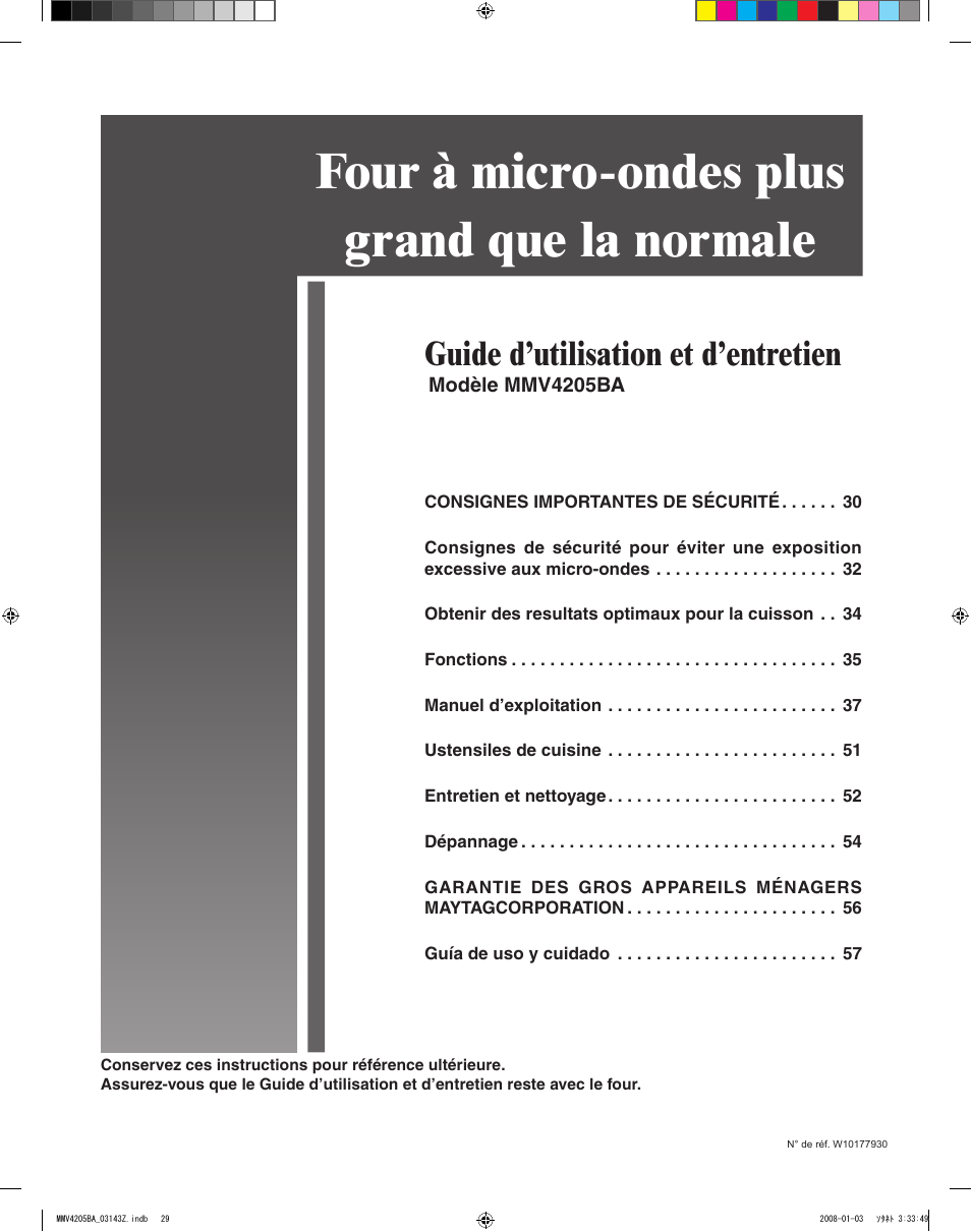 Four à micro-ondes plus grand que la normale, Guide d’utilisation et d’entretien | Maytag MMV4205BAS User Manual | Page 29 / 84