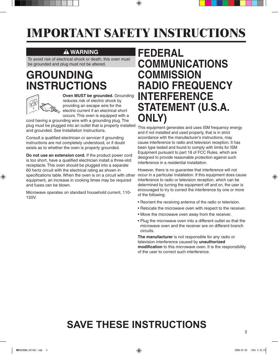 Important safety instructions, Grounding instructions, Save these instructions | Maytag MMV4205BAS User Manual | Page 3 / 84