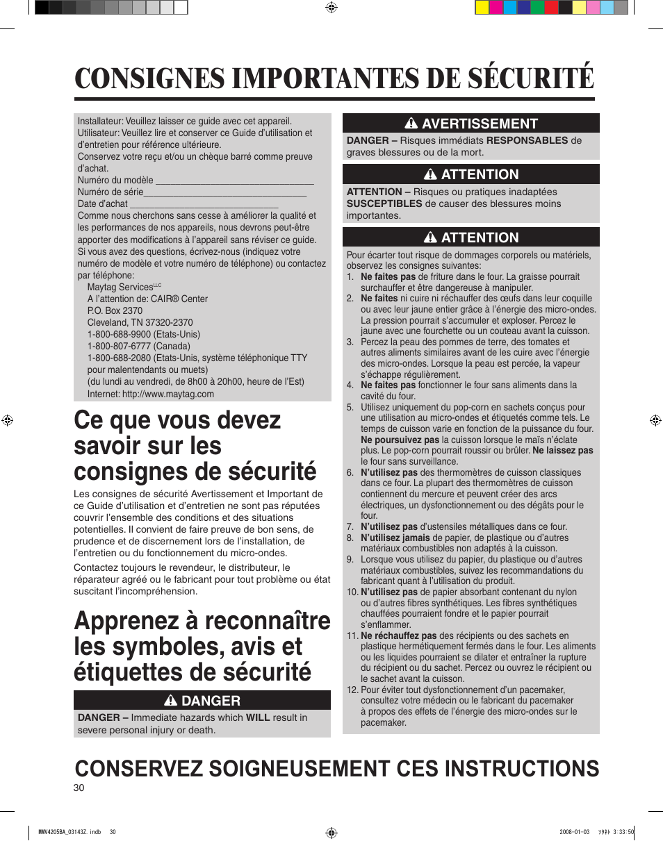 Consignes importantes de sécurité, Conservez soigneusement ces instructions | Maytag MMV4205BAS User Manual | Page 30 / 84