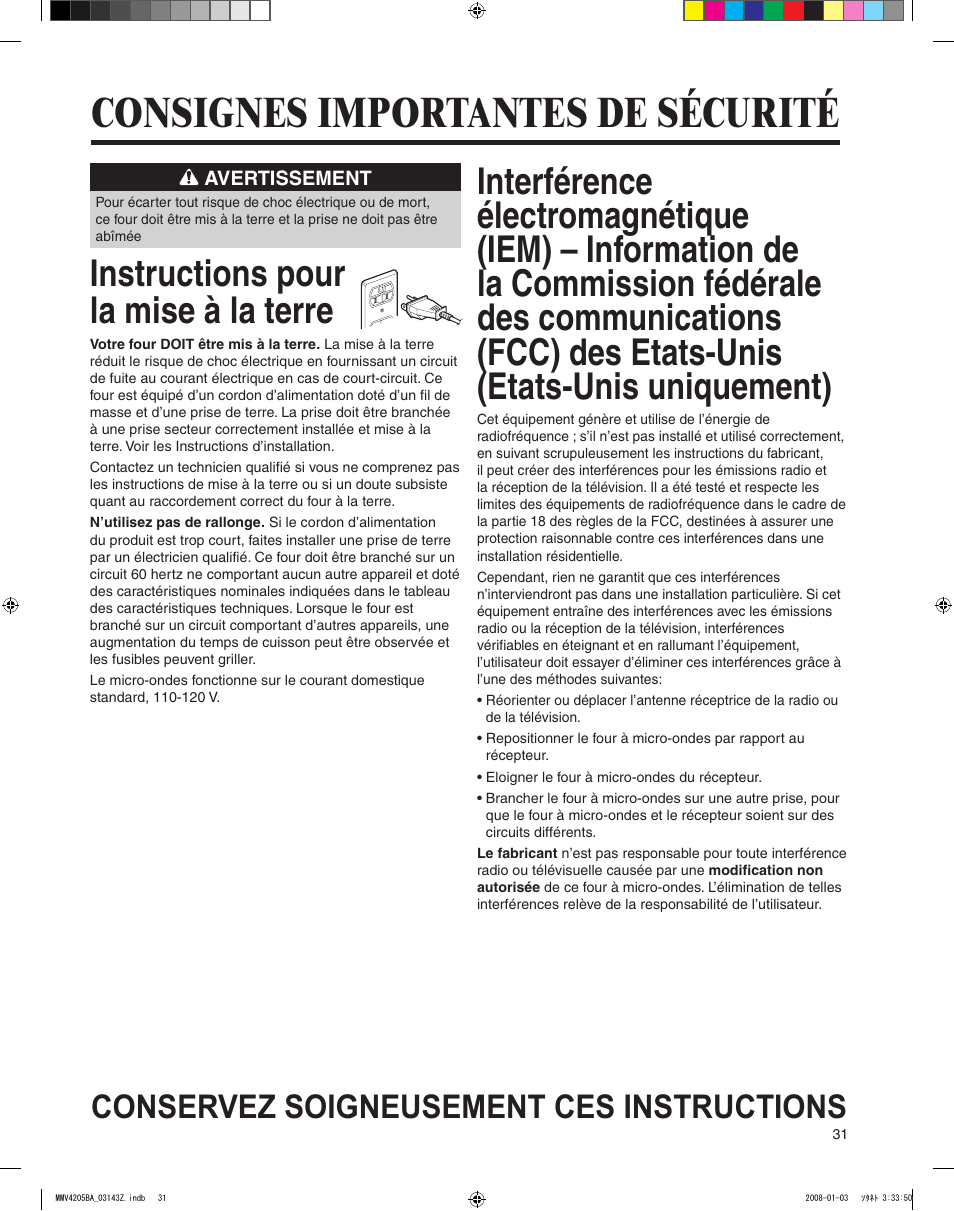 Consignes importantes de sécurité, Instructions pour la mise à la terre, Conservez soigneusement ces instructions | Maytag MMV4205BAS User Manual | Page 31 / 84