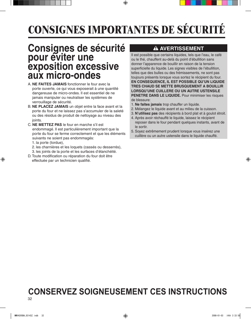 Consignes importantes de sécurité, Conservez soigneusement ces instructions | Maytag MMV4205BAS User Manual | Page 32 / 84