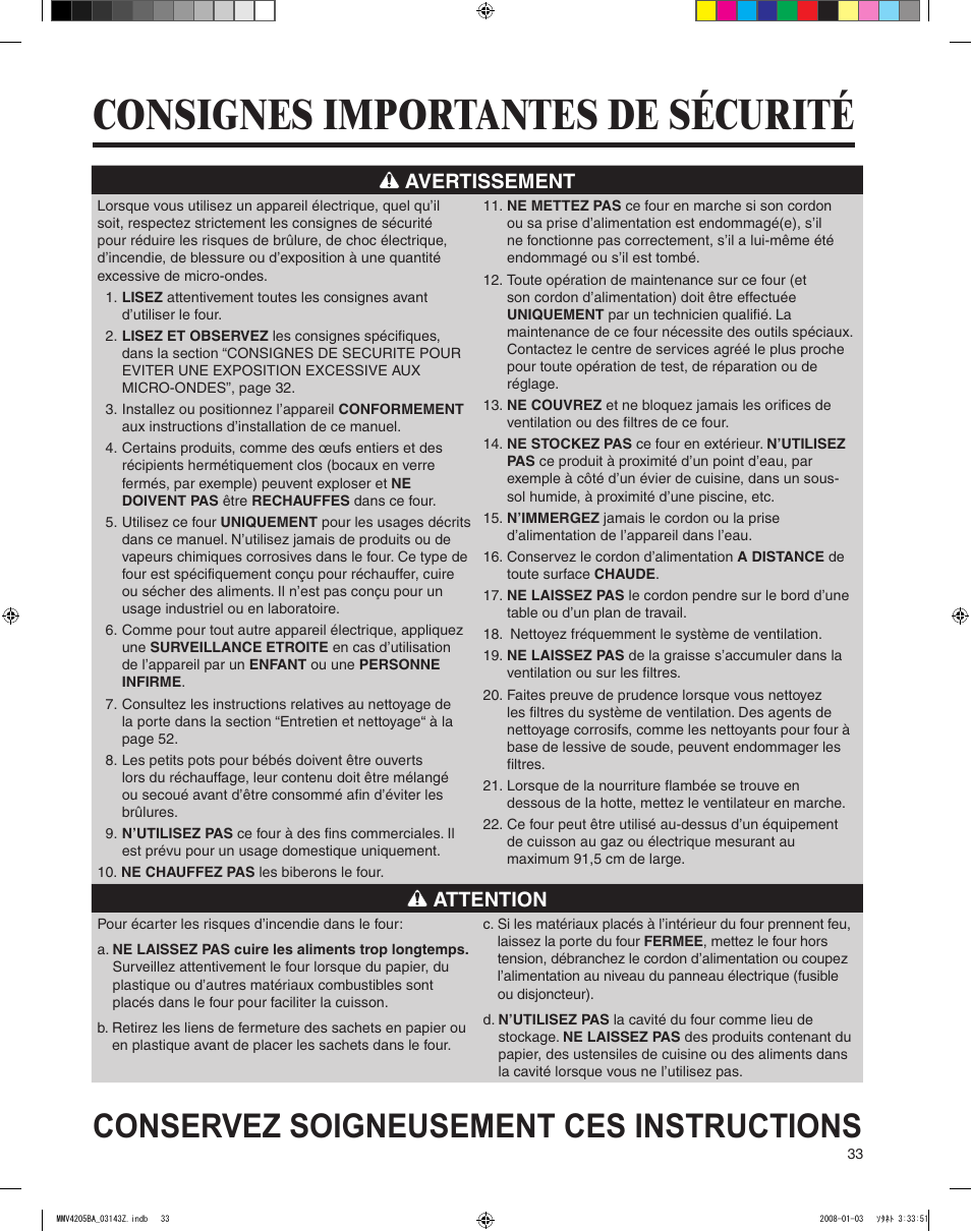 Consignes importantes de sécurité, Conservez soigneusement ces instructions, Avertissement | Attention | Maytag MMV4205BAS User Manual | Page 33 / 84