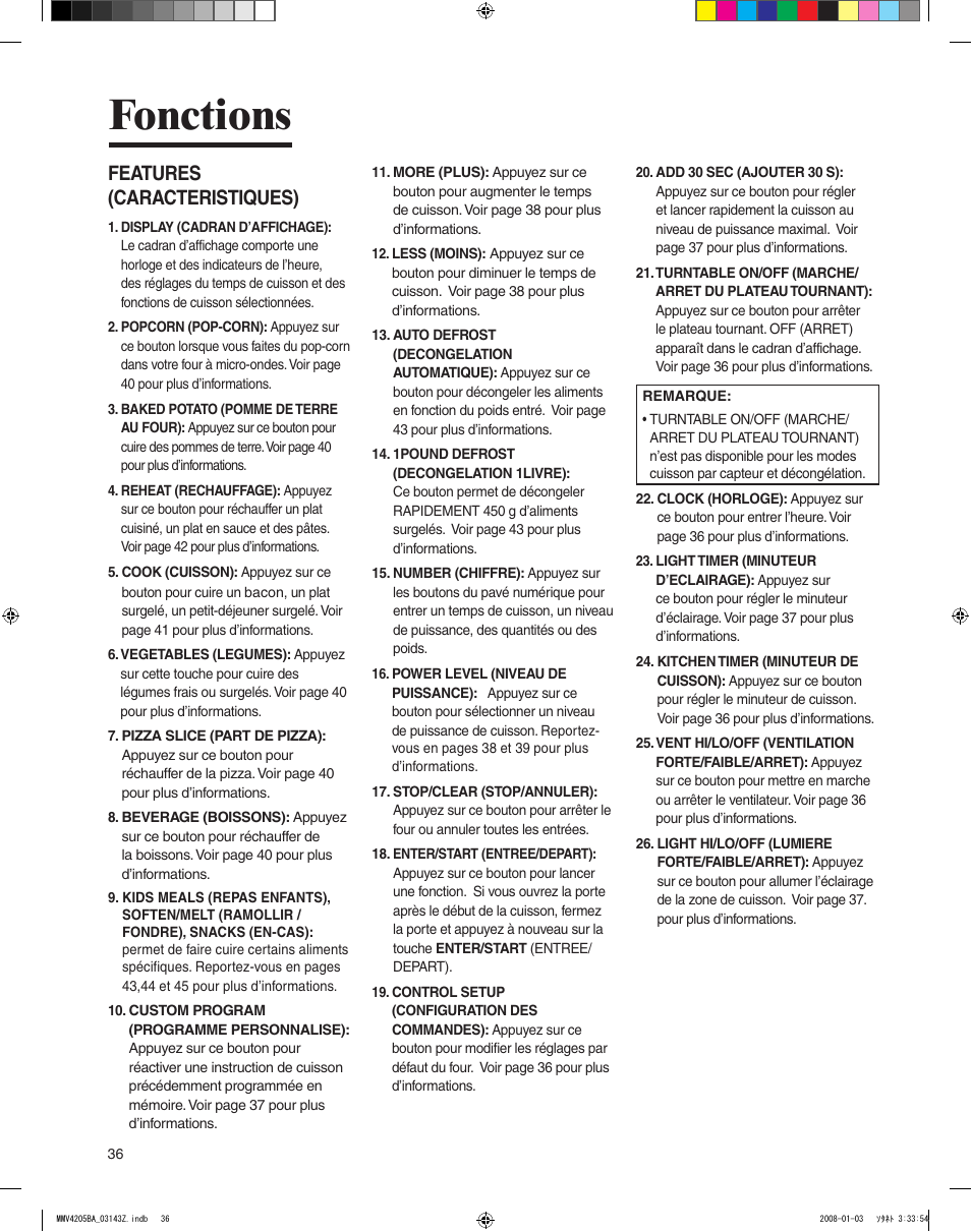 Fonctions, Features (caracteristiques) | Maytag MMV4205BAS User Manual | Page 36 / 84