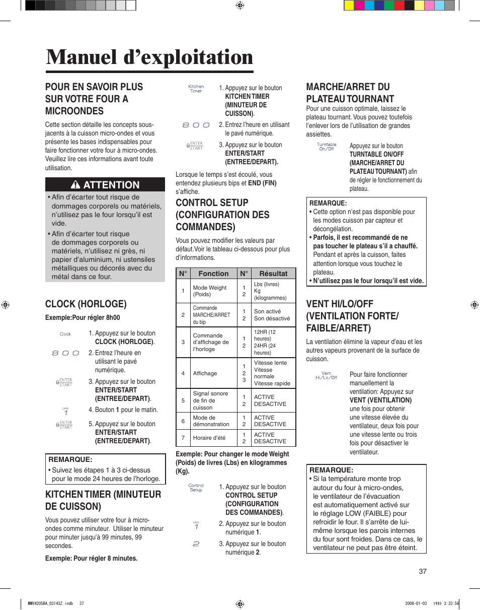 Manuel d’exploitation, Pour en savoir plus sur votre four a microondes, Attention | Clock (horloge), Kitchen timer (minuteur de cuisson), Control setup (configuration des commandes), Marche/arret du plateau tournant, Vent hi/lo/off (ventilation forte/ faible/arret) | Maytag MMV4205BAS User Manual | Page 37 / 84