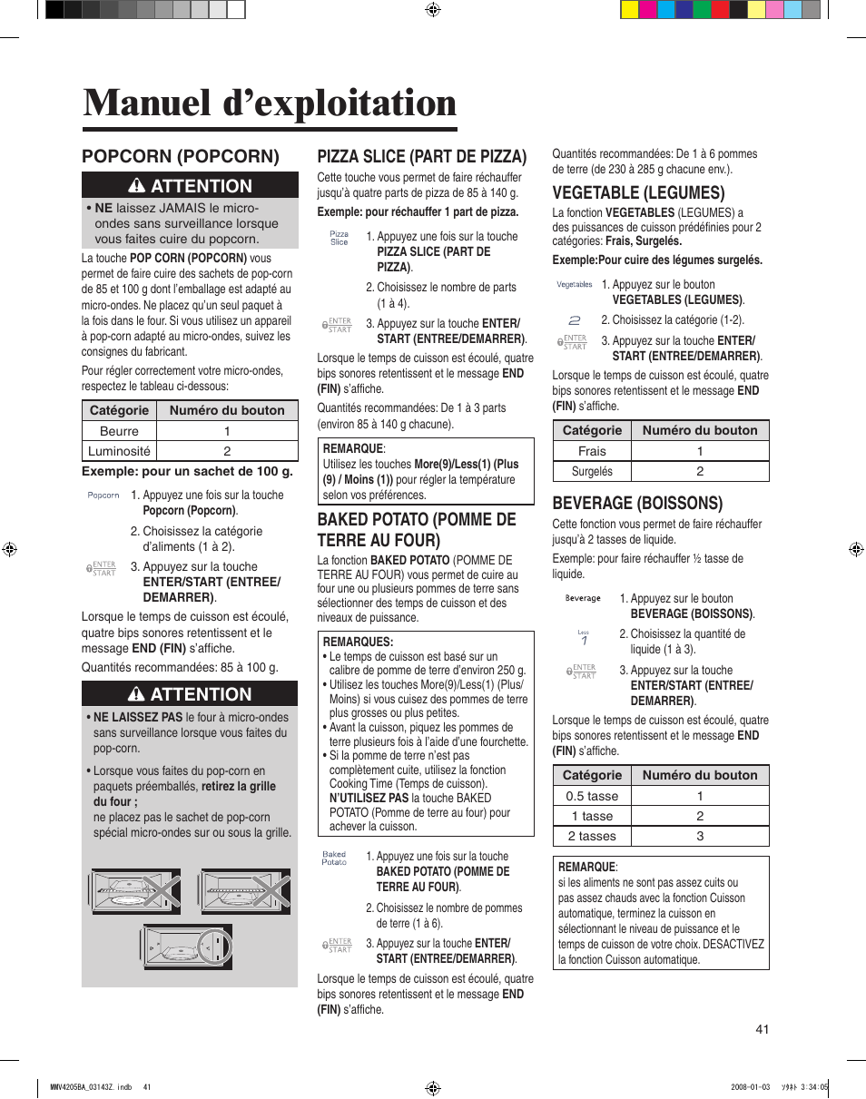 Manuel d’exploitation, Popcorn (popcorn) attention, Attention | Pizza slice (part de pizza), Baked potato (pomme de terre au four), Vegetable (legumes), Beverage (boissons) | Maytag MMV4205BAS User Manual | Page 41 / 84