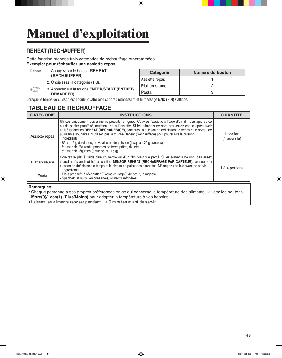 Manuel d’exploitation, Reheat (rechauffer), Tableau de rechauffage | Maytag MMV4205BAS User Manual | Page 43 / 84