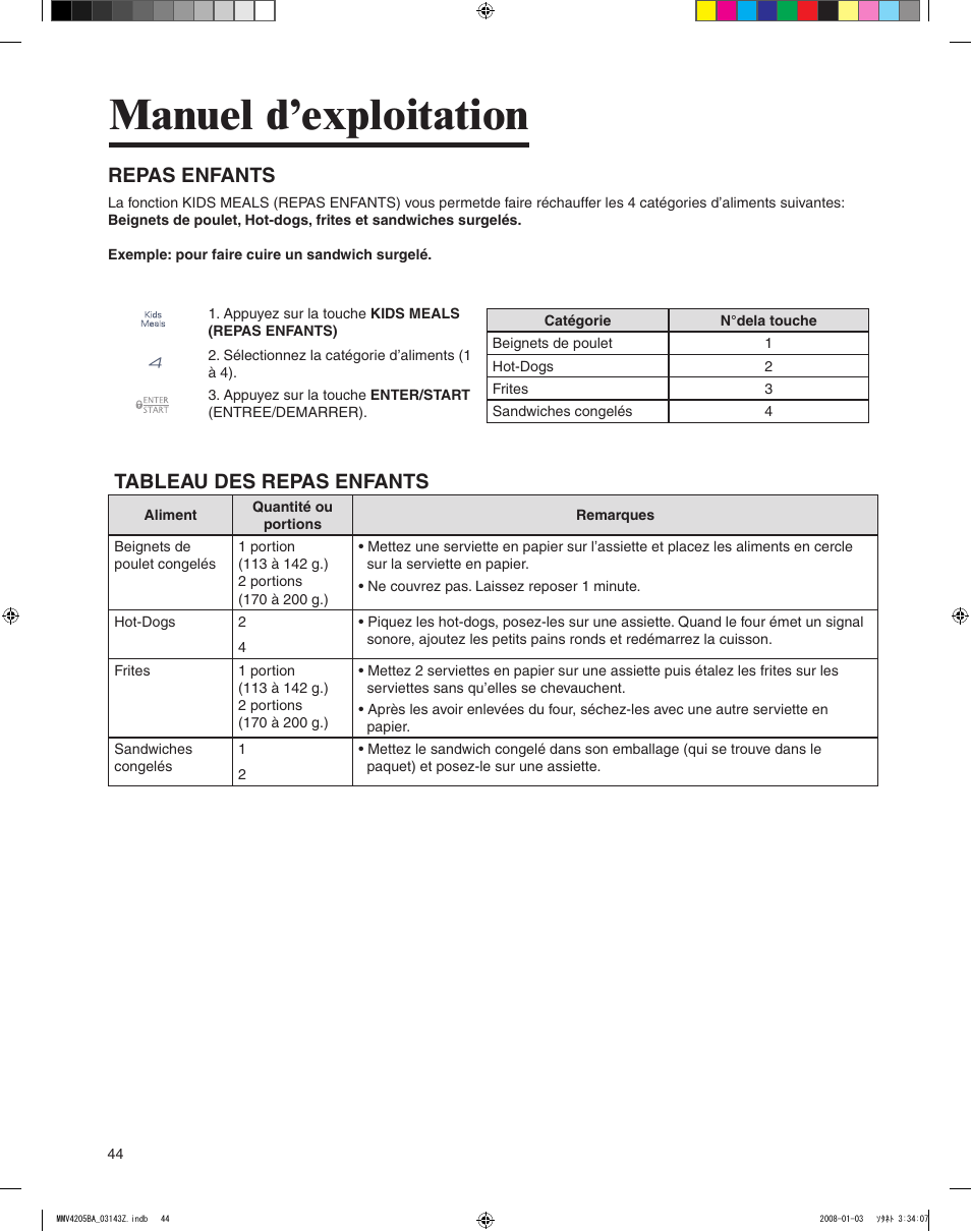 Manuel d’exploitation, Repas enfants, Tableau des repas enfants | Maytag MMV4205BAS User Manual | Page 44 / 84