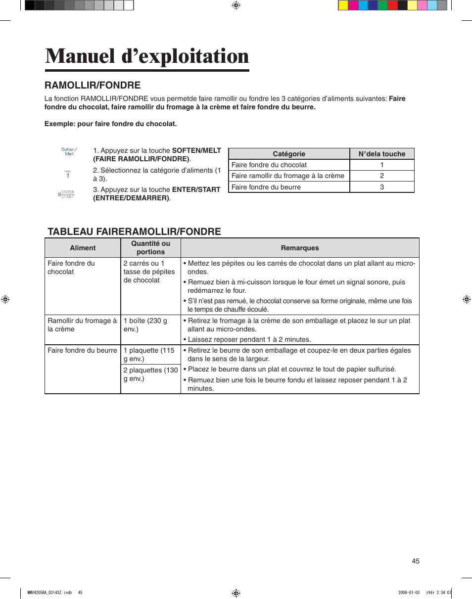 Manuel d’exploitation, Ramollir/fondre, Tableau faireramollir/fondre | Maytag MMV4205BAS User Manual | Page 45 / 84