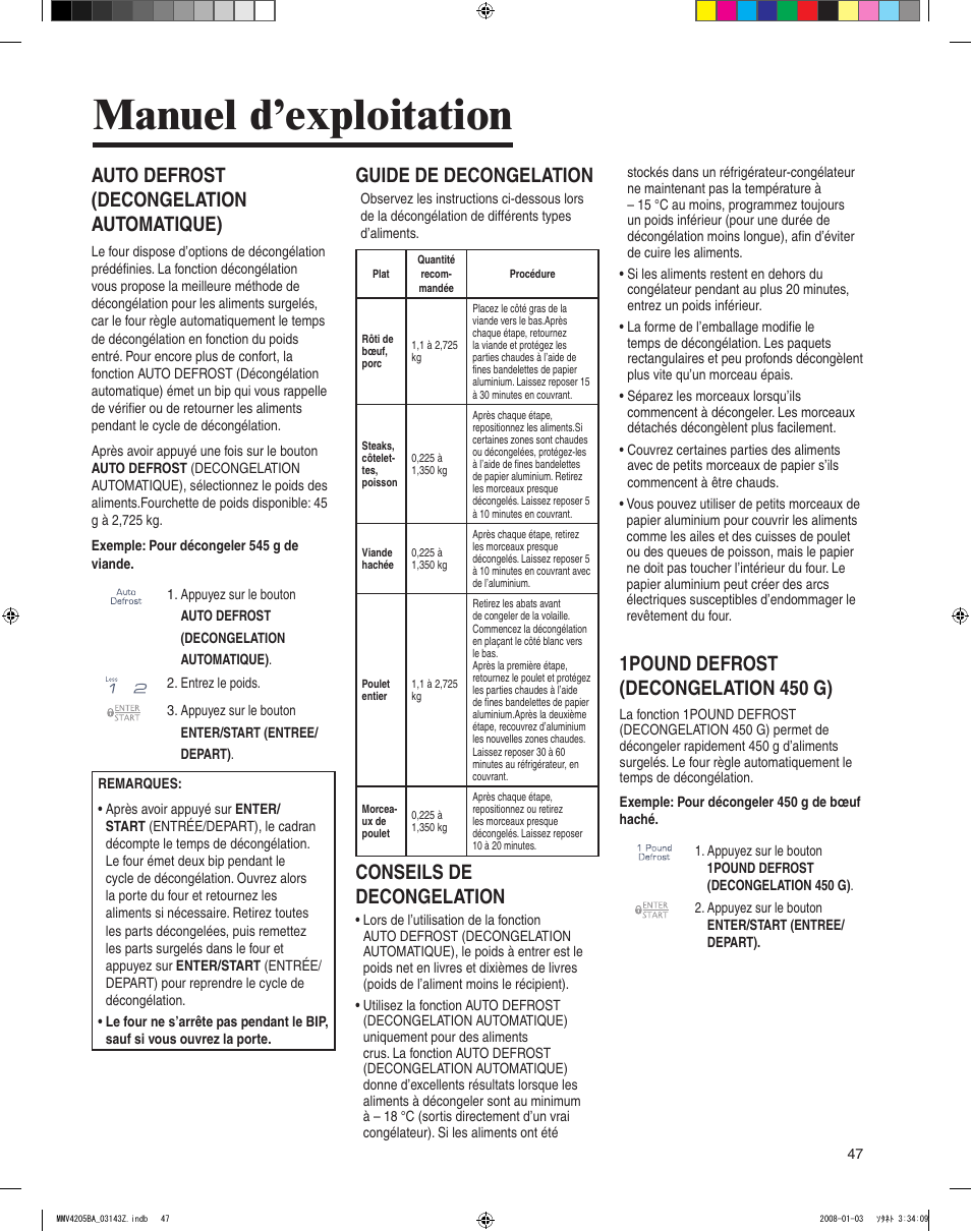 Manuel d’exploitation, Auto defrost (decongelation automatique), Guide de decongelation | Conseils de decongelation, 1pound defrost (decongelation 450 g) | Maytag MMV4205BAS User Manual | Page 47 / 84