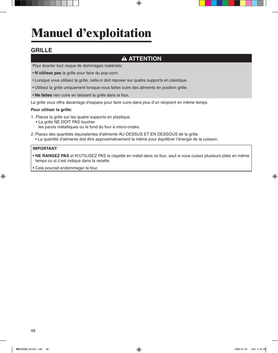 Manuel d’exploitation, Grille attention | Maytag MMV4205BAS User Manual | Page 48 / 84