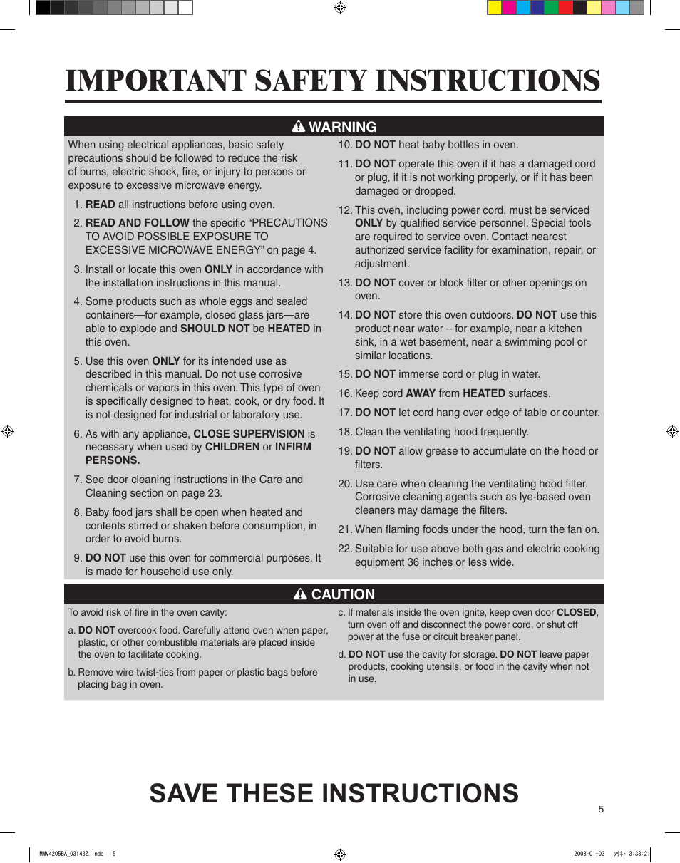 Important safety instructions, Save these instructions, Warning | Caution | Maytag MMV4205BAS User Manual | Page 5 / 84