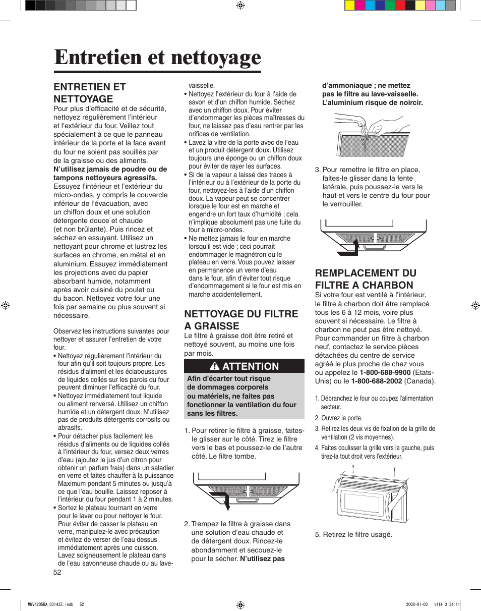 Entretien et nettoyage, Nettoyage du filtre a graisse, Attention | Remplacement du filtre a charbon | Maytag MMV4205BAS User Manual | Page 52 / 84