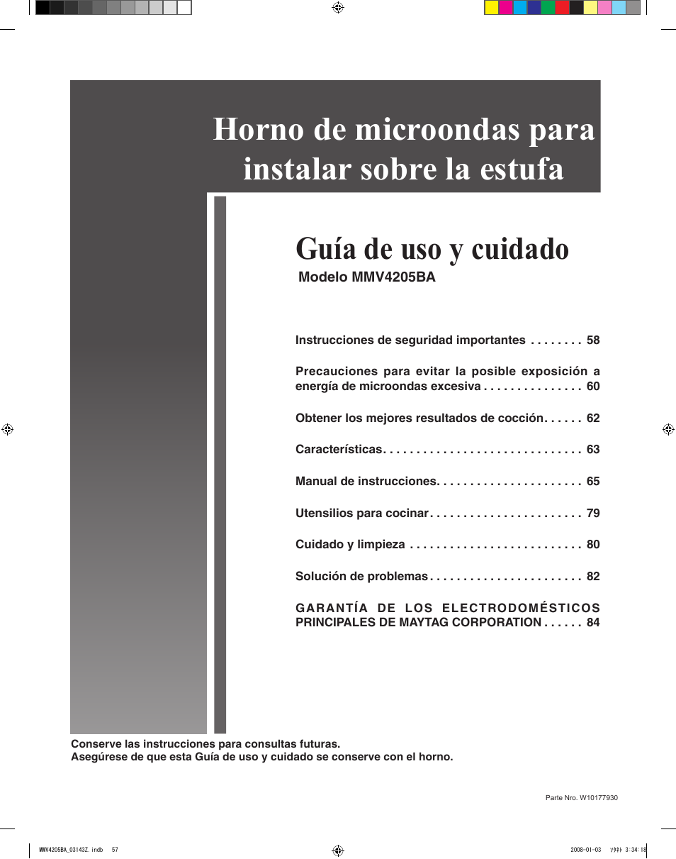 Horno de microondas para instalar sobre la estufa, Guía de uso y cuidado | Maytag MMV4205BAS User Manual | Page 57 / 84