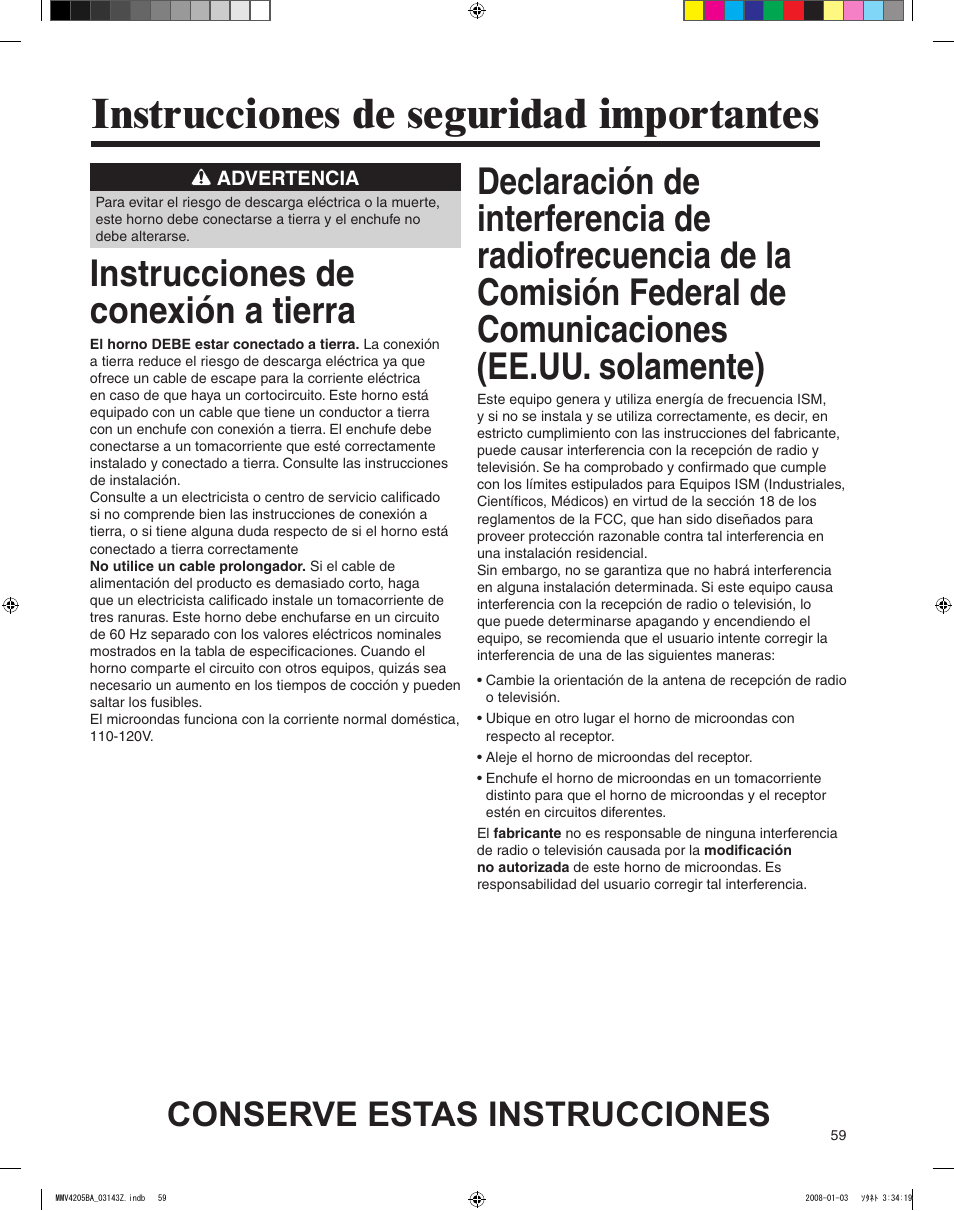 Instrucciones de seguridad importantes, Instrucciones de conexión a tierra, Conserve estas instrucciones | Maytag MMV4205BAS User Manual | Page 59 / 84