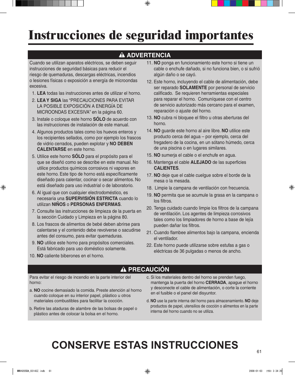 Instrucciones de seguridad importantes, Conserve estas instrucciones, Advertencia | Precaución | Maytag MMV4205BAS User Manual | Page 61 / 84