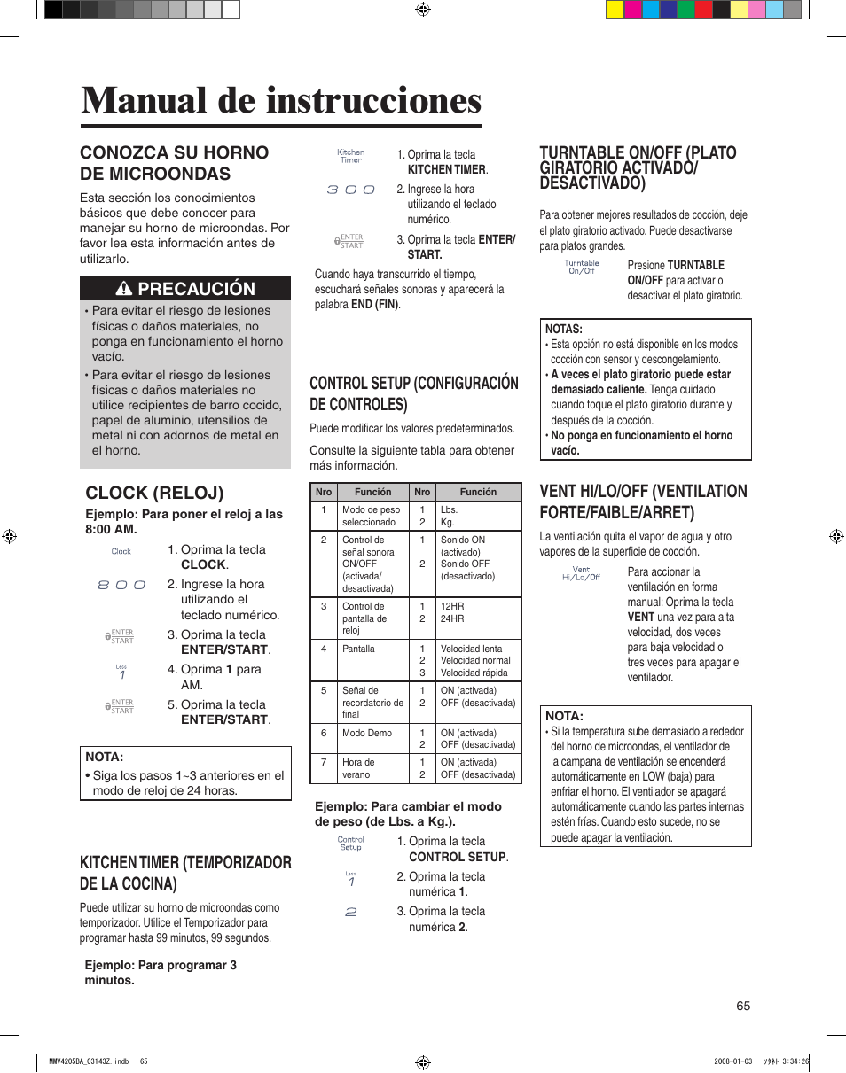 Manual de instrucciones, Conozca su horno de microondas, Precaución | Clock (reloj), Kitchen timer (temporizador de la cocina), Control setup (configuración de controles), Vent hi/lo/off (ventilation forte/faible/arret) | Maytag MMV4205BAS User Manual | Page 65 / 84