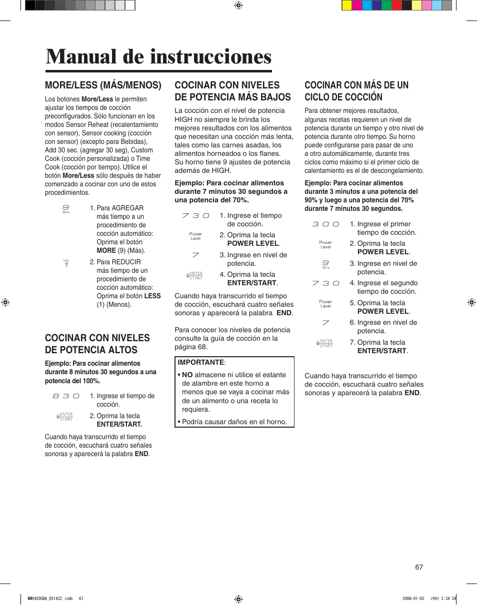 Manual de instrucciones, Cocinar con niveles de potencia más bajos, Cocinar con más de un ciclo de cocción | More/less (más/menos), Cocinar con niveles de potencia altos | Maytag MMV4205BAS User Manual | Page 67 / 84