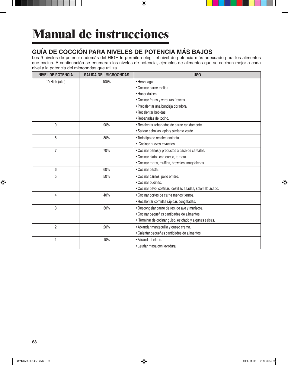 Manual de instrucciones, Guía de cocción para niveles de potencia más bajos | Maytag MMV4205BAS User Manual | Page 68 / 84