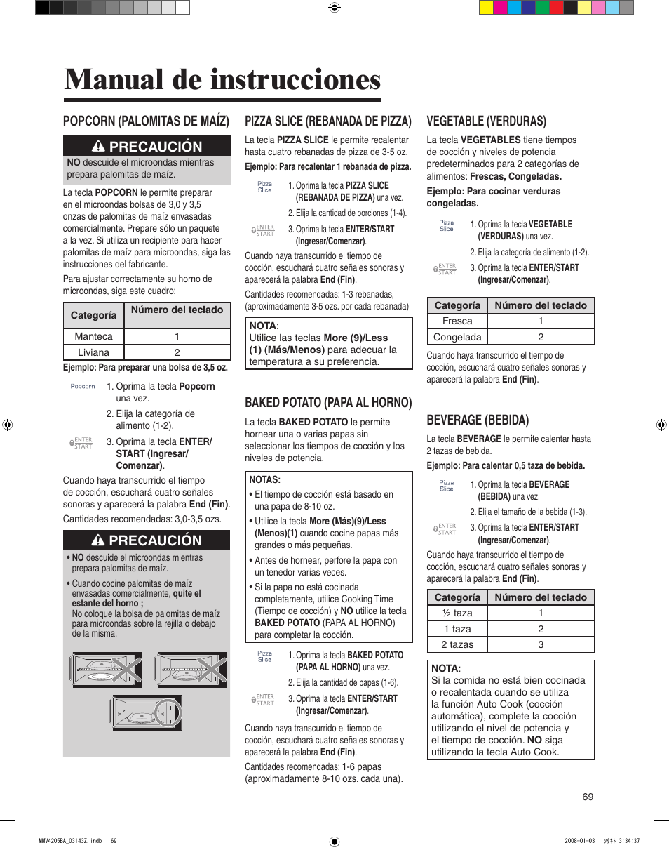 Manual de instrucciones, Popcorn (palomitas de maíz) precaución, Precaución | Pizza slice (rebanada de pizza), Baked potato (papa al horno), Vegetable (verduras), Beverage (bebida) | Maytag MMV4205BAS User Manual | Page 69 / 84