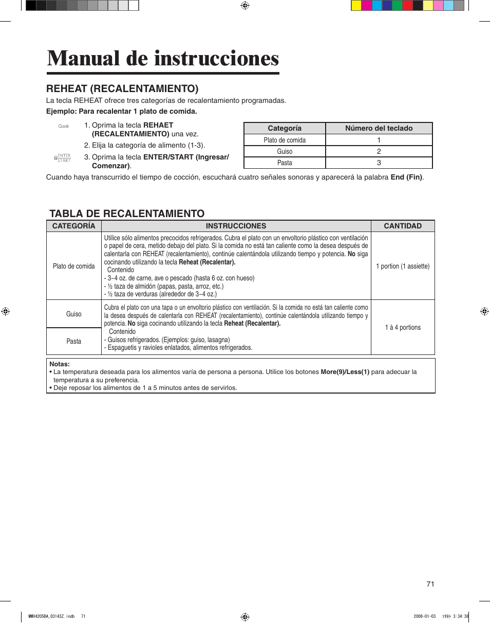 Manual de instrucciones, Reheat (recalentamiento), Tabla de recalentamiento | Maytag MMV4205BAS User Manual | Page 71 / 84