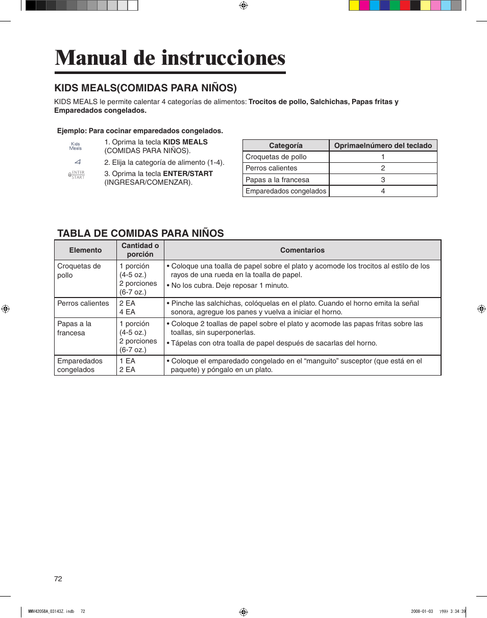 Manual de instrucciones, Kids meals(comidas para niños), Tabla de comidas para niños | Maytag MMV4205BAS User Manual | Page 72 / 84
