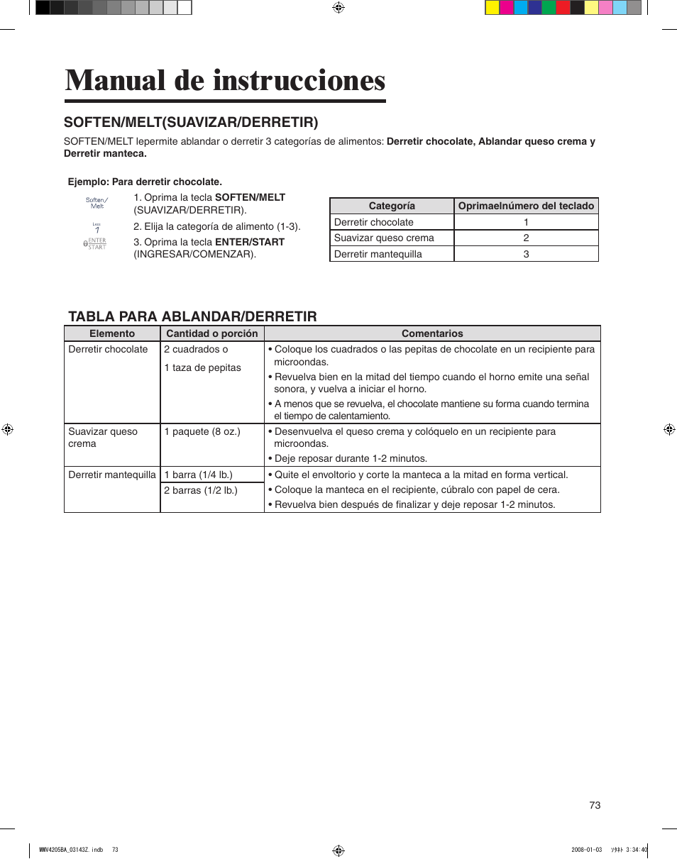 Manual de instrucciones, Soften/melt(suavizar/derretir), Tabla para ablandar/derretir | Maytag MMV4205BAS User Manual | Page 73 / 84