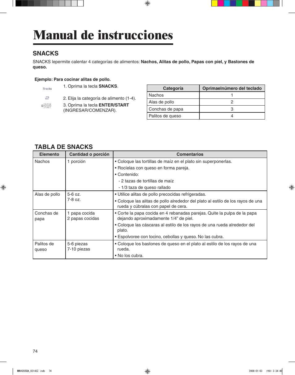 Manual de instrucciones, Snacks, Tabla de snacks | Maytag MMV4205BAS User Manual | Page 74 / 84