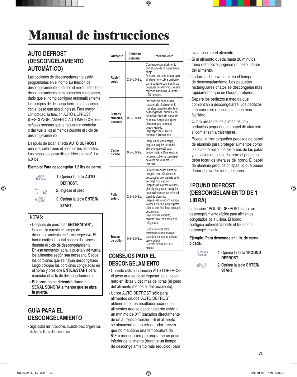 Manual de instrucciones, 1pound defrost (descongelamiento de 1 libra), Auto defrost (descongelamiento automático) | Guía para el descongelamiento, Consejos para el descongelamiento | Maytag MMV4205BAS User Manual | Page 75 / 84