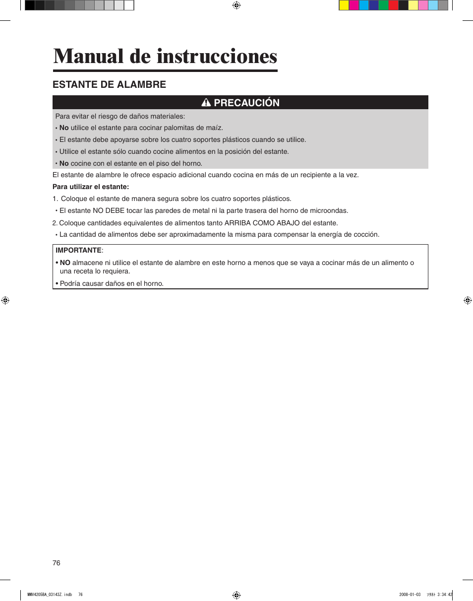 Manual de instrucciones, Estante de alambre precaución | Maytag MMV4205BAS User Manual | Page 76 / 84