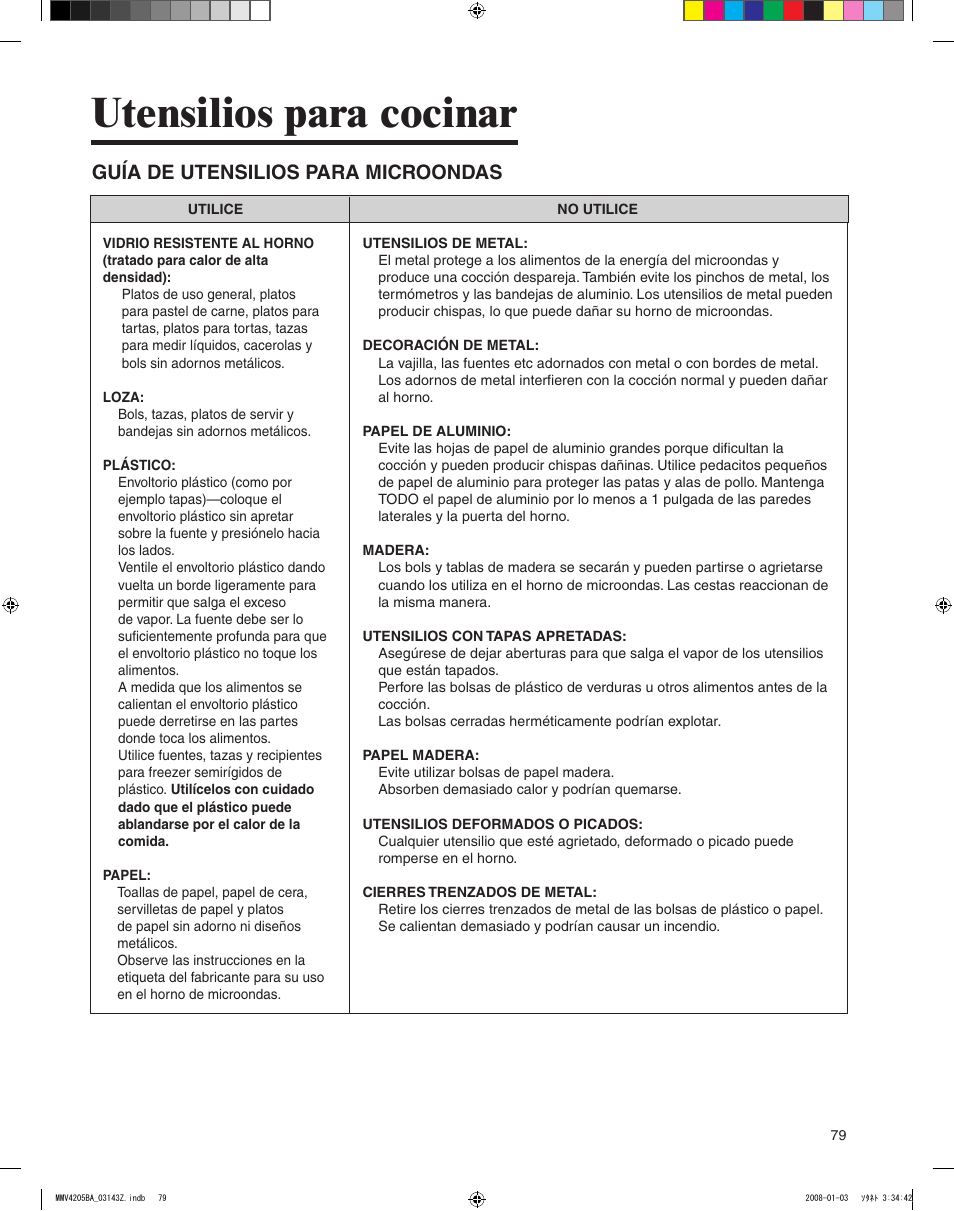 Utensilios para cocinar, Guía de utensilios para microondas | Maytag MMV4205BAS User Manual | Page 79 / 84