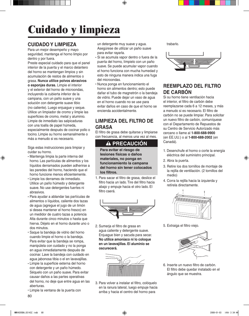 Cuidado y limpieza, Limpieza del filtro de grasa, Precaución | Reemplazo del filtro de carbón | Maytag MMV4205BAS User Manual | Page 80 / 84