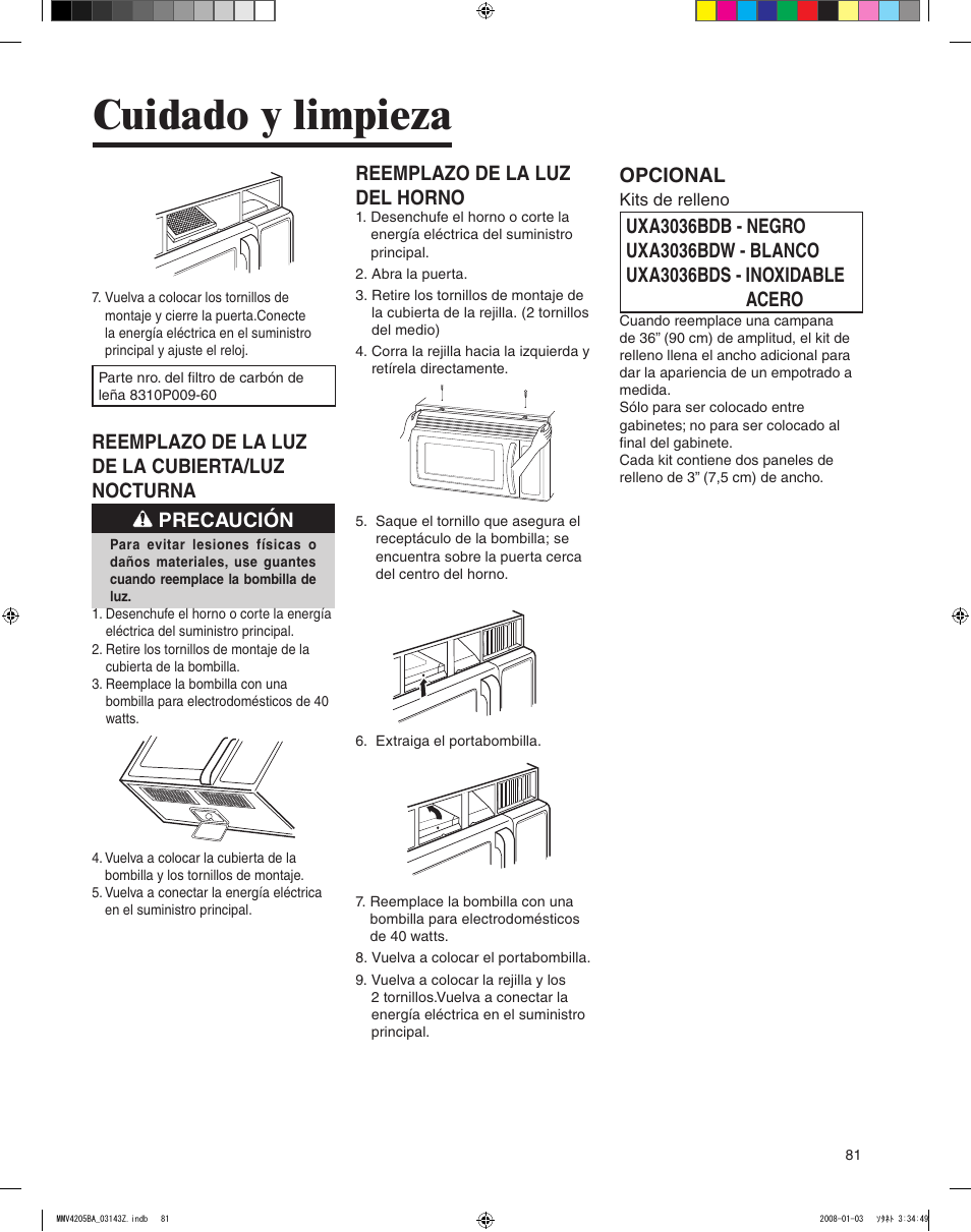 Cuidado y limpieza, Reemplazo de la luz del horno, Opcional | Maytag MMV4205BAS User Manual | Page 81 / 84