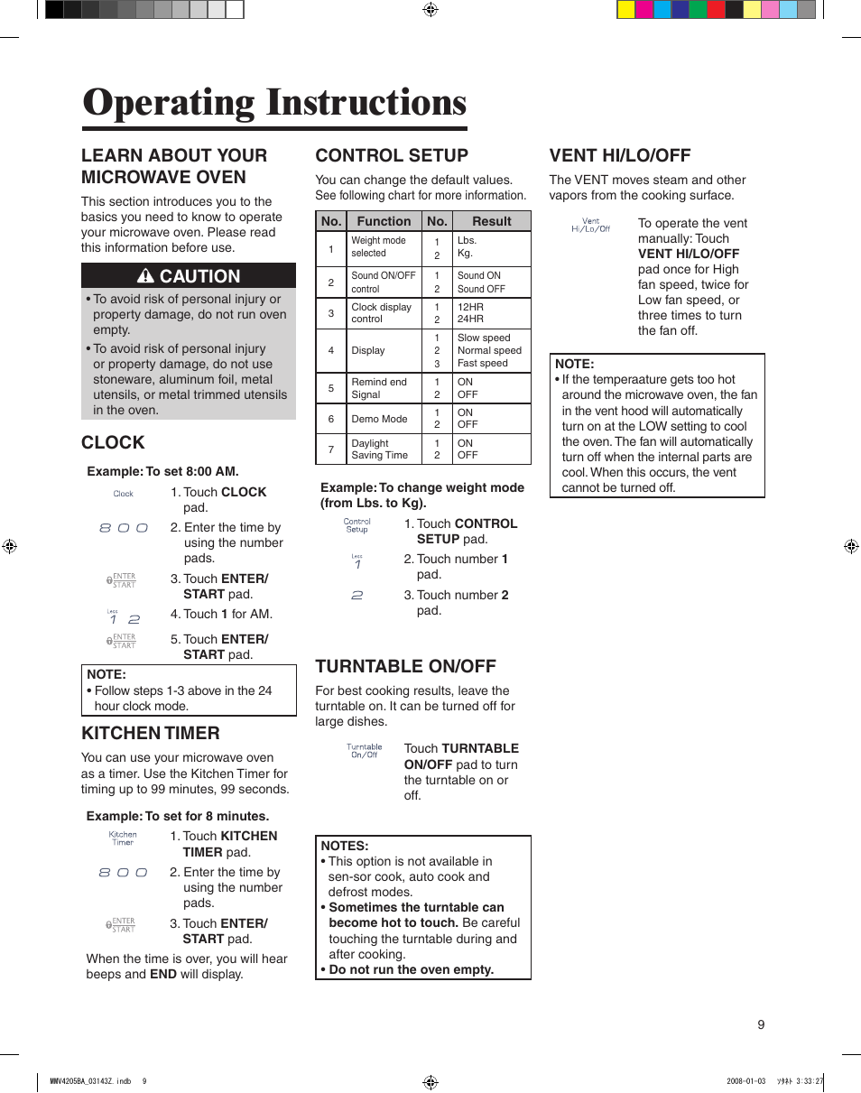 Operating instructions, Learn about your microwave oven, Caution | Clock, Kitchen timer, Control setup, Turntable on/off, Vent hi/lo/off | Maytag MMV4205BAS User Manual | Page 9 / 84