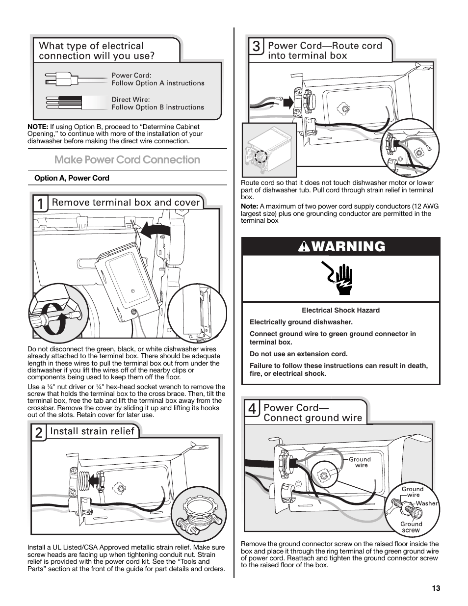 Warning, Make power cord connection | Maytag MDB8979SEZ User Manual | Page 13 / 76