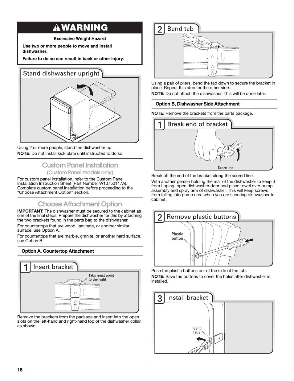 Warning, Custom panel installation, Choose attachment option | Maytag MDB8979SEZ User Manual | Page 16 / 76