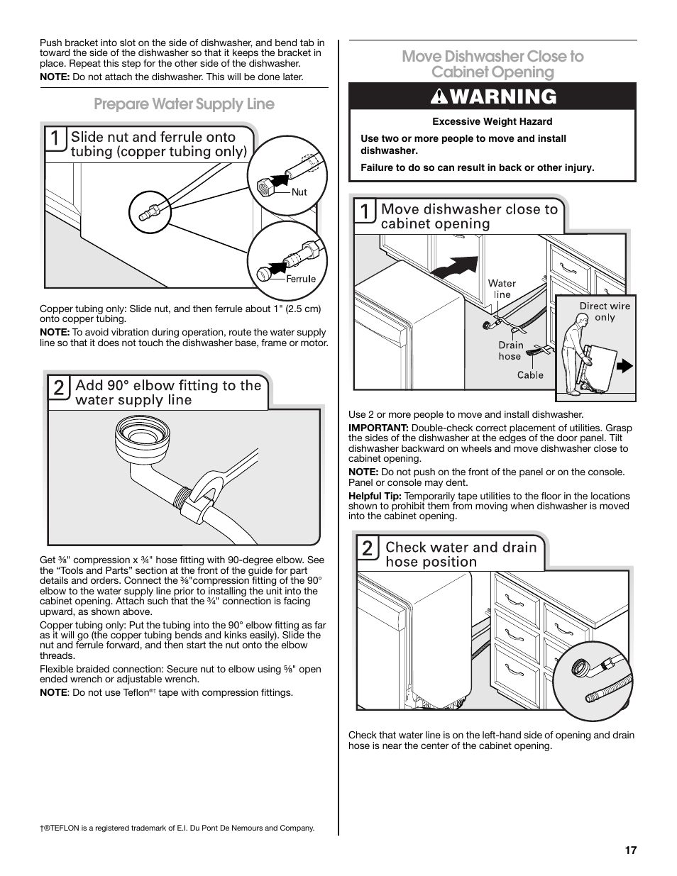 Warning, Prepare water supply line, Move dishwasher close to cabinet opening | Maytag MDB8979SEZ User Manual | Page 17 / 76