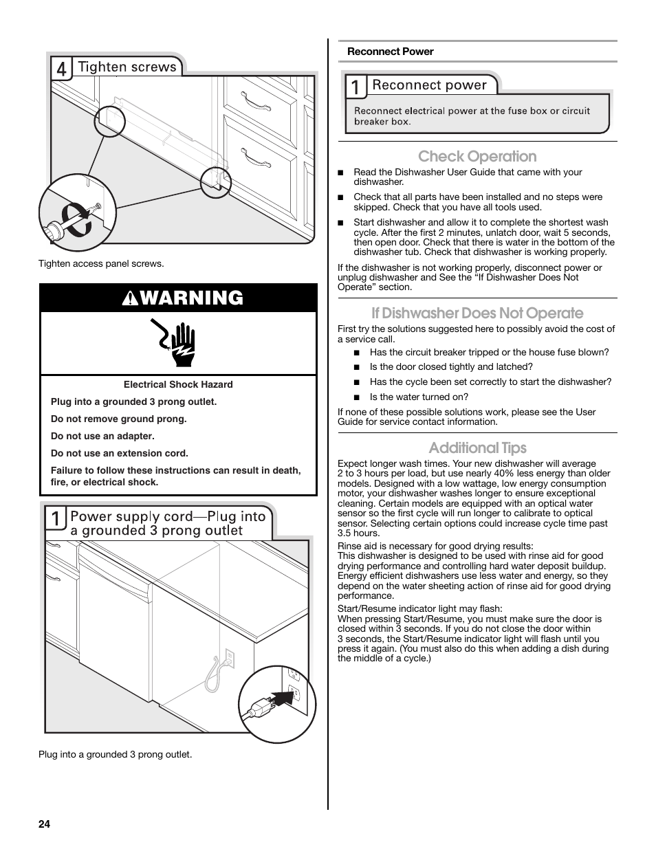 Warning, Check operation, If dishwasher does not operate | Additional tips | Maytag MDB8979SEZ User Manual | Page 24 / 76