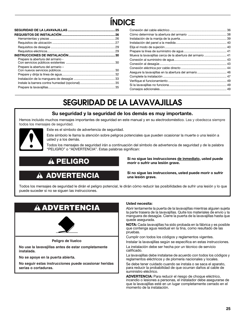 Índice, Seguridad de la lavavajillas, Advertencia peligro | Advertencia | Maytag MDB8979SEZ User Manual | Page 25 / 76