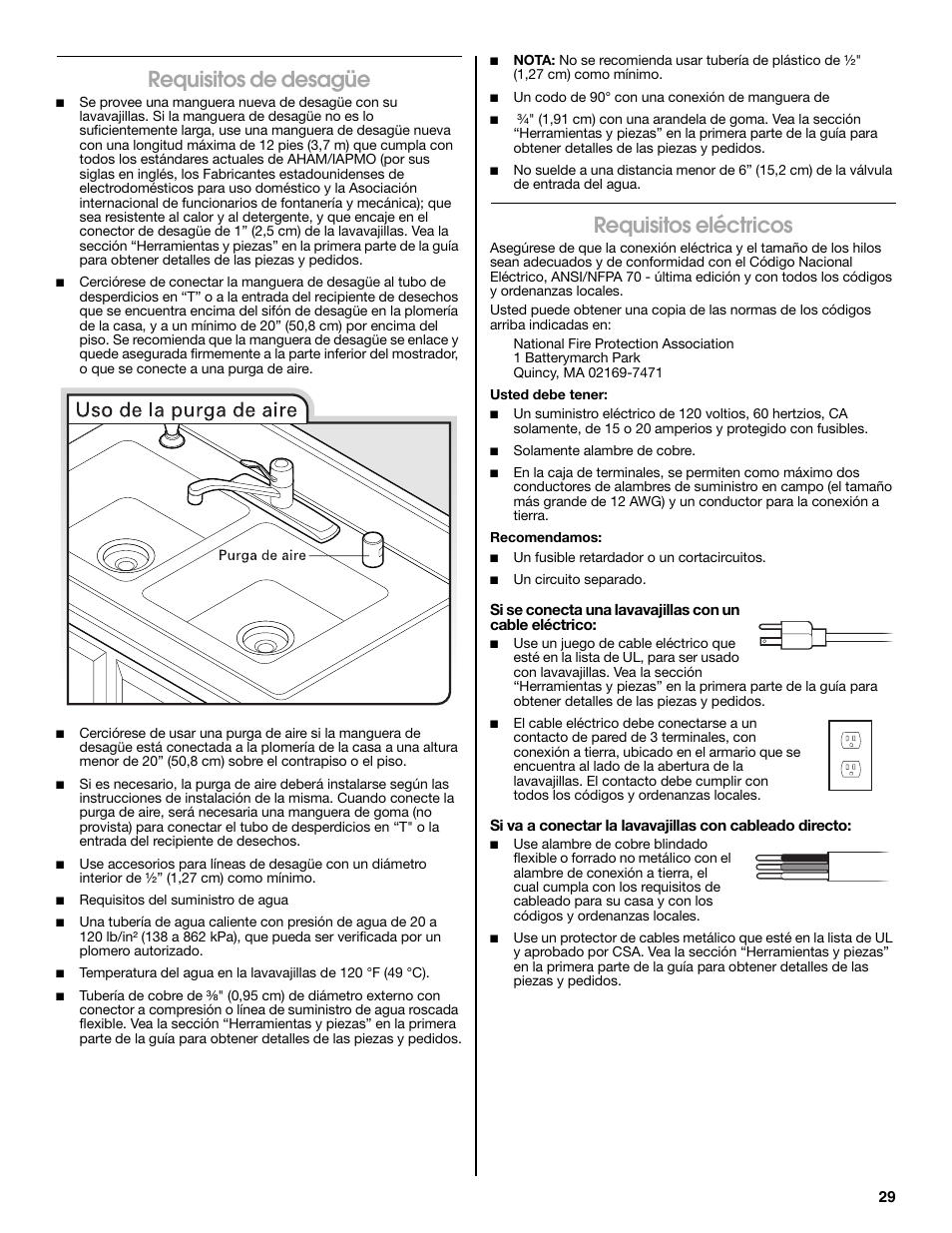 Requisitos de desagüe, Requisitos eléctricos | Maytag MDB8979SEZ User Manual | Page 29 / 76