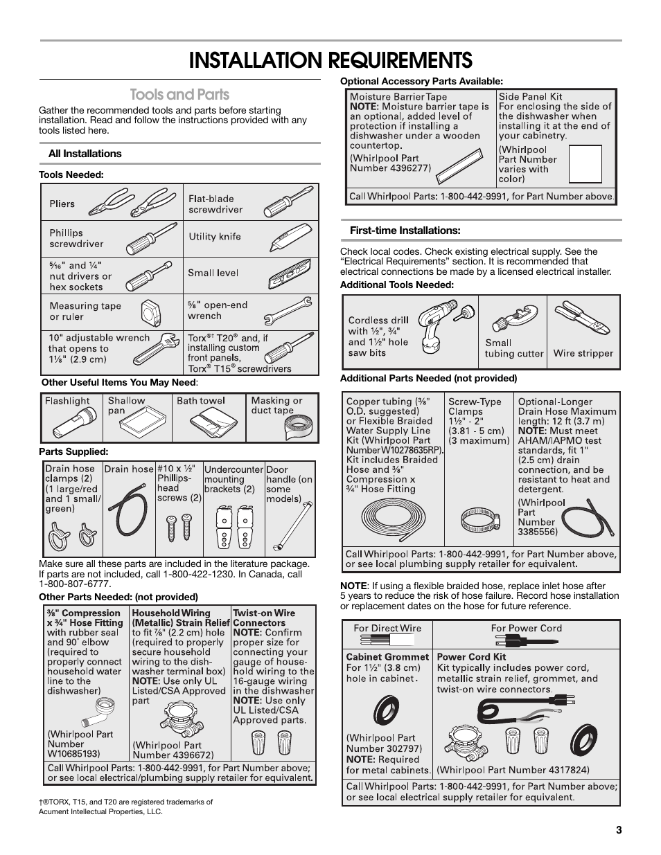 Installation requirements, Tools and parts | Maytag MDB8979SEZ User Manual | Page 3 / 76