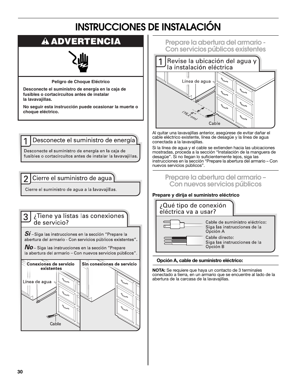 Instrucciones de instalación, Advertencia | Maytag MDB8979SEZ User Manual | Page 30 / 76