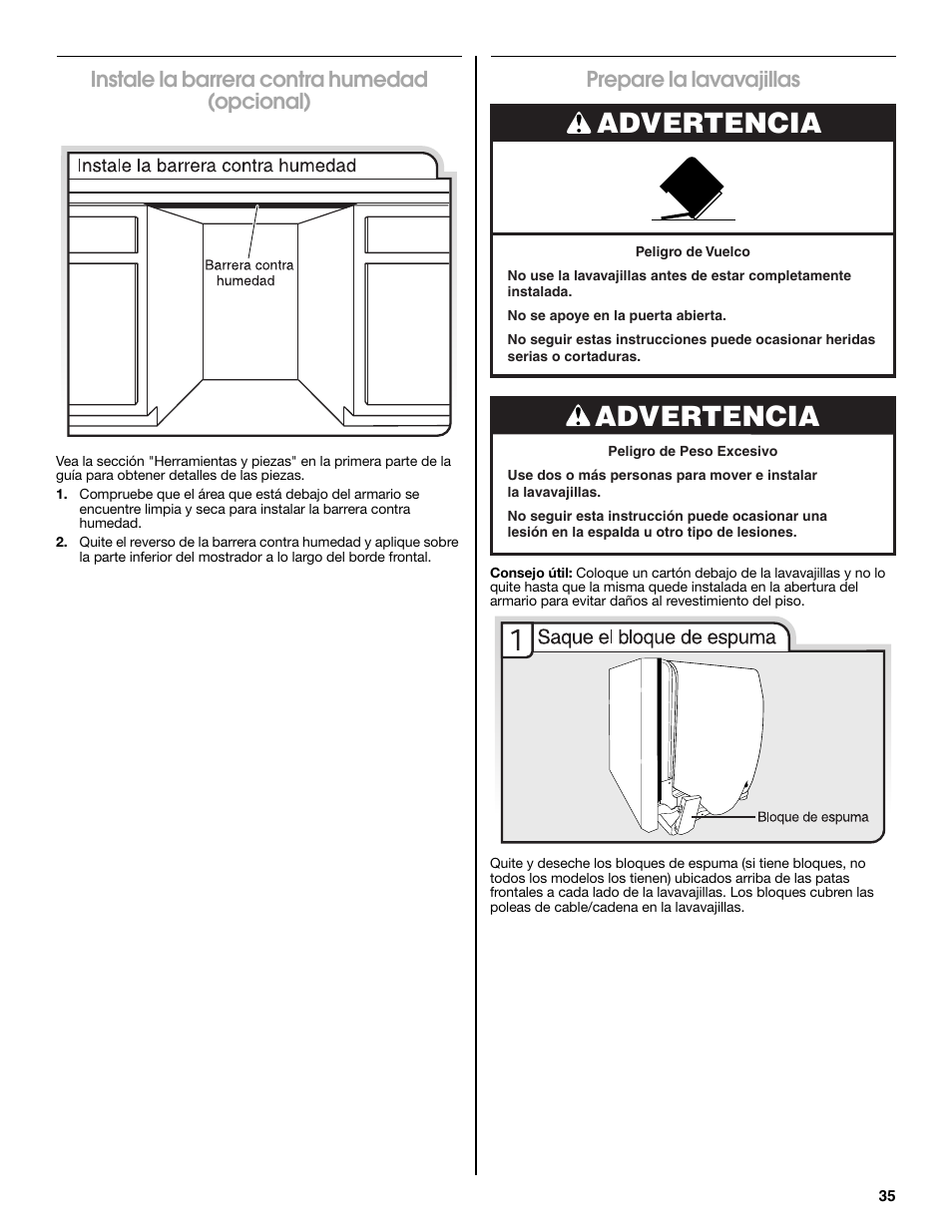 Advertencia, Instale la barrera contra humedad (opcional), Prepare la lavavajillas | Maytag MDB8979SEZ User Manual | Page 35 / 76
