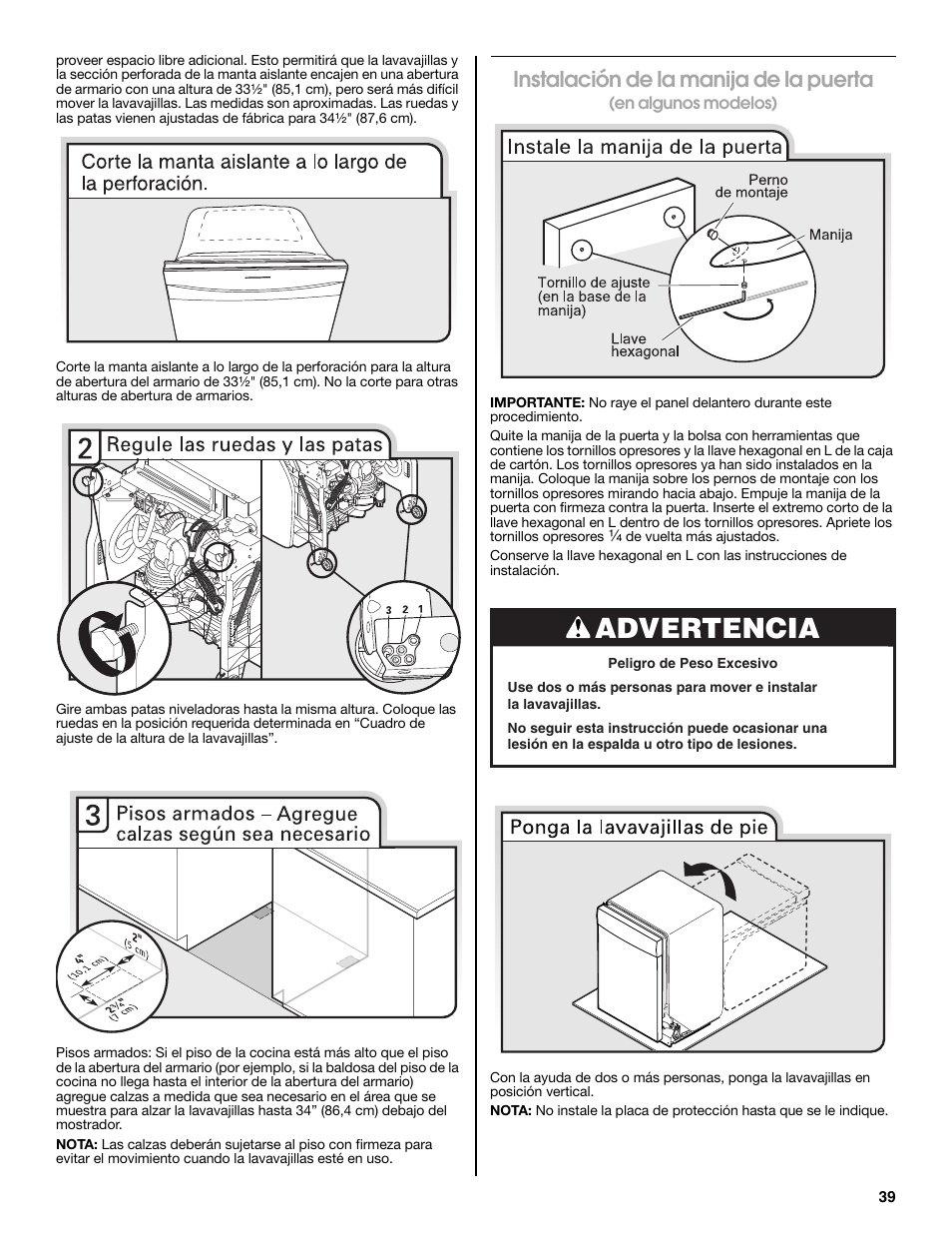 Advertencia, Instalación de la manija de la puerta | Maytag MDB8979SEZ User Manual | Page 39 / 76
