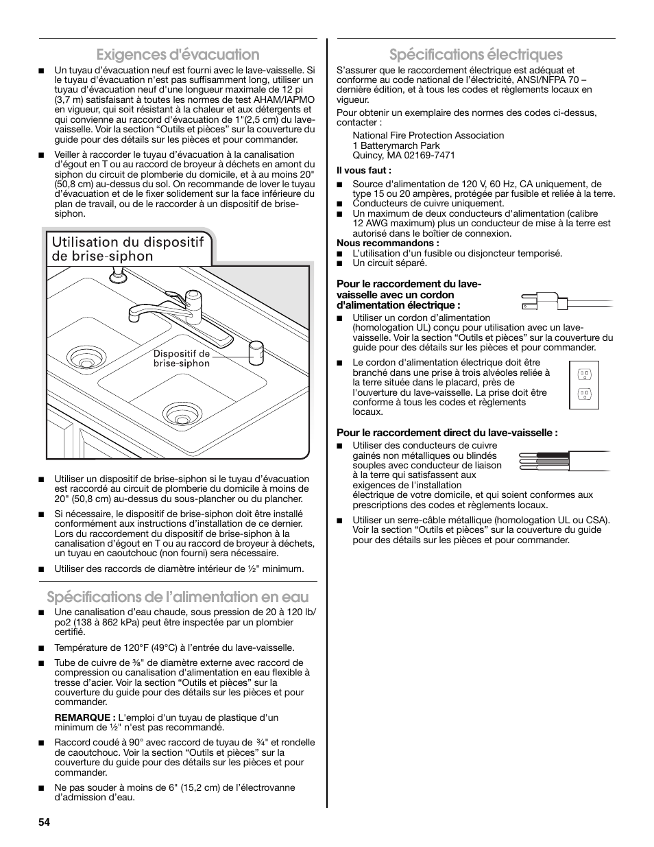 Exigences d'évacuation, Spécifications de l’alimentation en eau, Spécifications électriques | Maytag MDB8979SEZ User Manual | Page 54 / 76