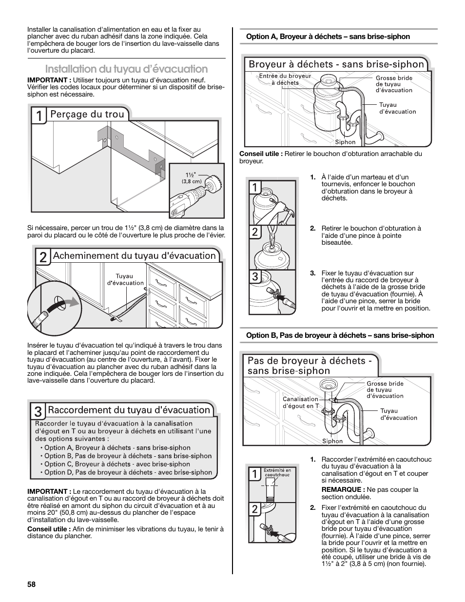 Installation du tuyau d’évacuation | Maytag MDB8979SEZ User Manual | Page 58 / 76