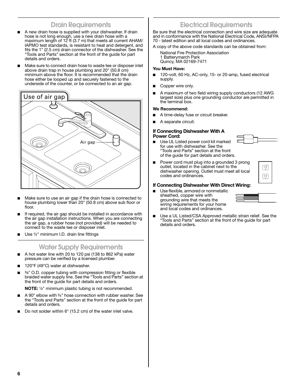 Drain requirements, Water supply requirements, Electrical requirements | Maytag MDB8979SEZ User Manual | Page 6 / 76